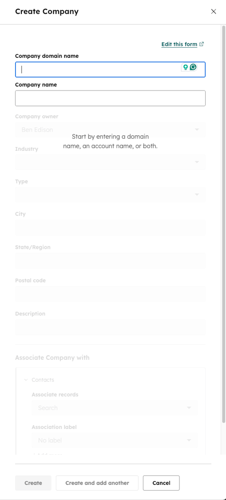 HubSpot Create Company form with annotated fields