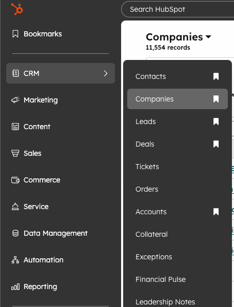 HubSpot top navigation — Companies dropdown