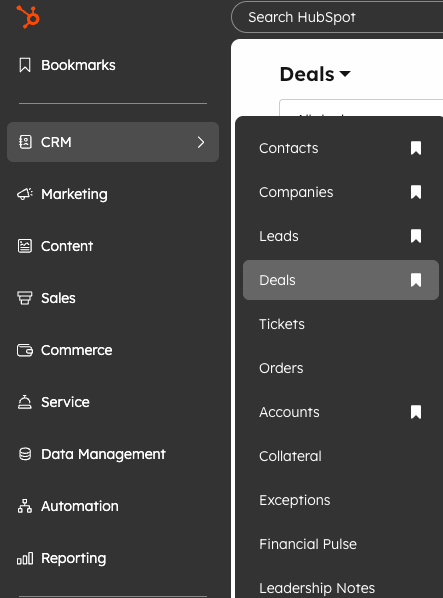 HubSpot top navigation — Deals