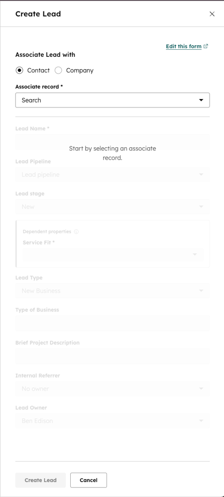 HubSpot Create Lead form with annotated fields