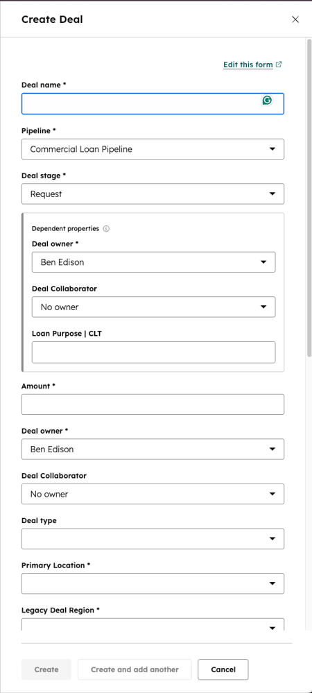 HubSpot Create Deal form with annotated fields