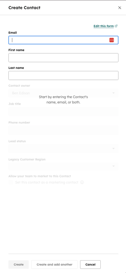 HubSpot Create Contact form with annotated fields