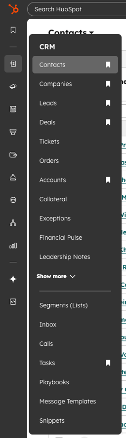 HubSpot top navigation — Contacts dropdown